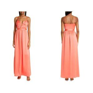 Ramy Brook Becky Guava Ruched Gown Size 16 Side Slit Deep V-Neckline MSRP $645